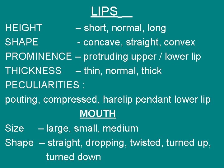 LIPS HEIGHT – short, normal, long SHAPE - concave, straight, convex PROMINENCE – protruding