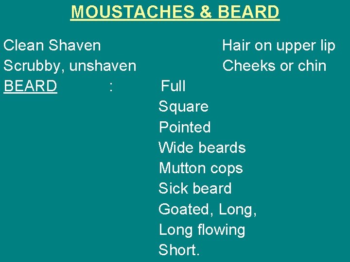 MOUSTACHES & BEARD Clean Shaven Scrubby, unshaven BEARD : Hair on upper lip Cheeks