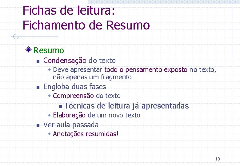 Fichas de leitura: Fichamento de Resumo n Condensação do texto w Deve apresentar todo