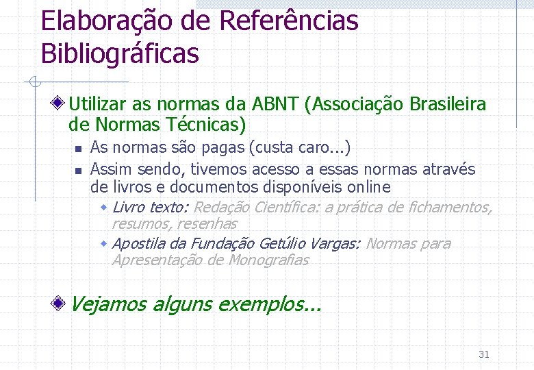 Elaboração de Referências Bibliográficas Utilizar as normas da ABNT (Associação Brasileira de Normas Técnicas)