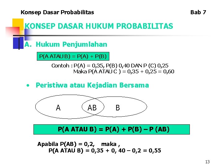 Konsep Dasar Probabilitas Bab 7 KONSEP DASAR HUKUM PROBABILITAS A. Hukum Penjumlahan P(A ATAU