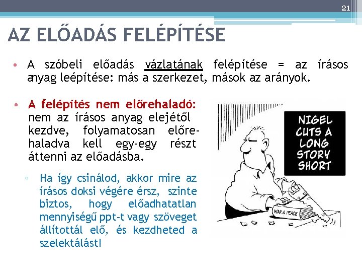 21 AZ ELŐADÁS FELÉPÍTÉSE • A szóbeli előadás vázlatának felépítése = az írásos anyag