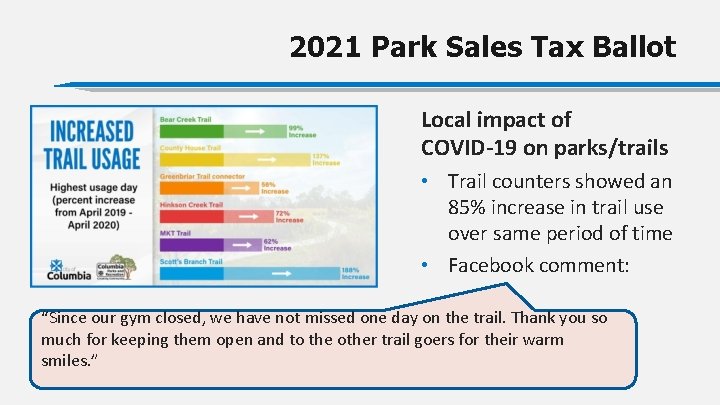 2021 Park Sales Tax Ballot Local impact of COVID-19 on parks/trails • Trail counters