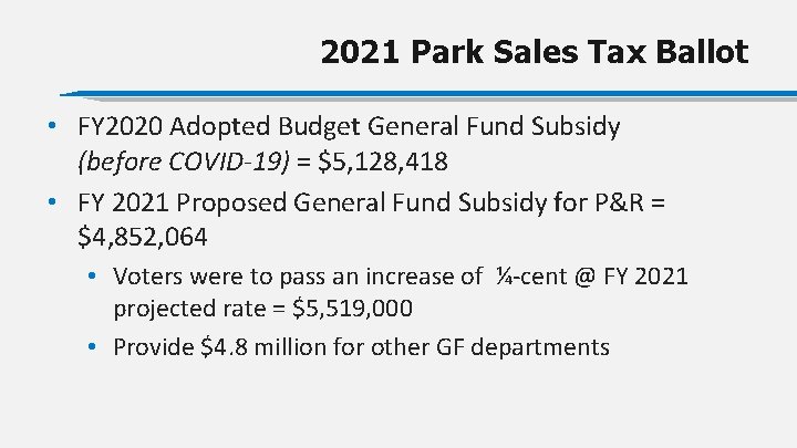 2021 Park Sales Tax Ballot • FY 2020 Adopted Budget General Fund Subsidy (before