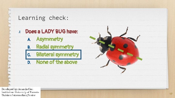 Learning check: ✗ Does a LADY BUG have: A. Asymmetry B. Radial symmetry C.