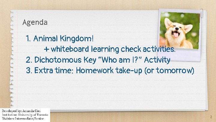 Agenda 1. Animal Kingdom! + whiteboard learning check activities. 2. Dichotomous Key “Who am