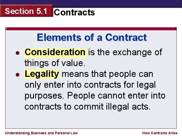 Section 5. 1 Contracts Elements of a Contract Consideration is the exchange of things