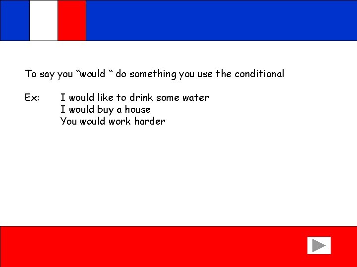 To say you “would “ do something you use the conditional Ex: I would