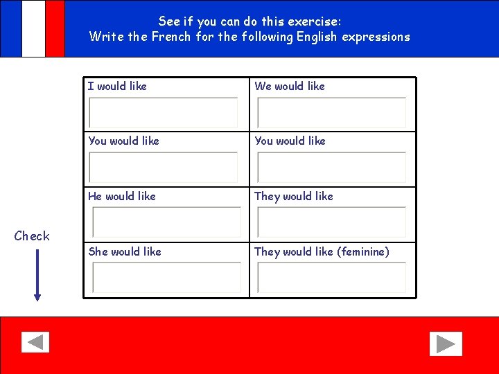 See if you can do this exercise: Write the French for the following English