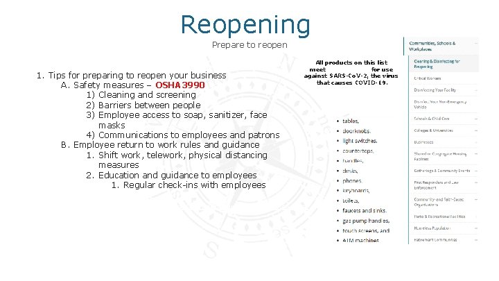 Reopening Prepare to reopen 1. Tips for preparing to reopen your business A. Safety
