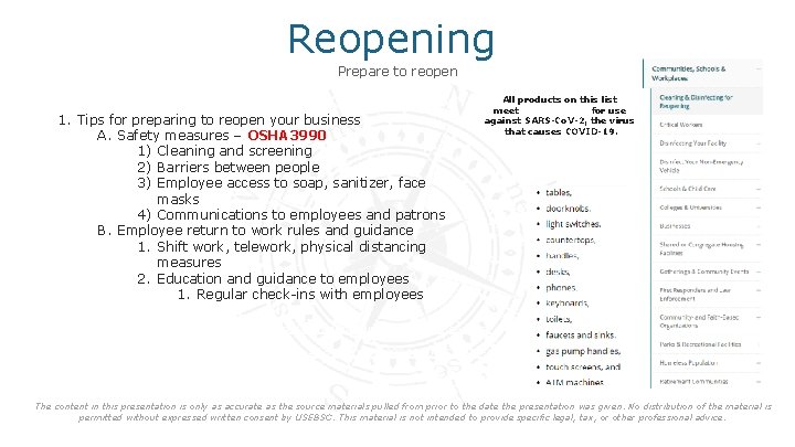 Reopening Prepare to reopen 1. Tips for preparing to reopen your business A. Safety