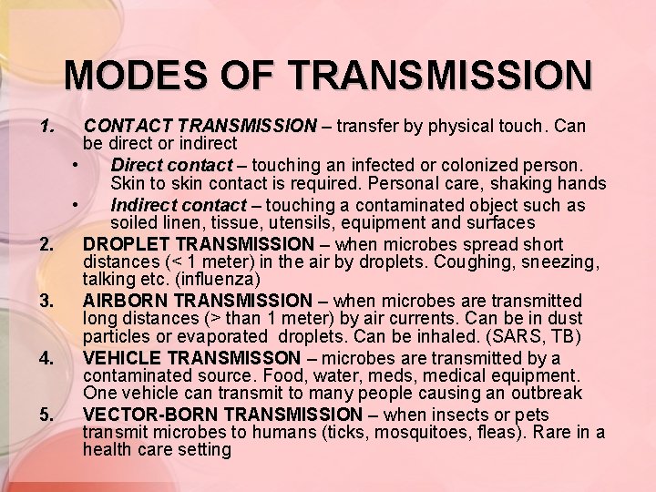 MODES OF TRANSMISSION 1. 2. 3. 4. 5. CONTACT TRANSMISSION – transfer by physical