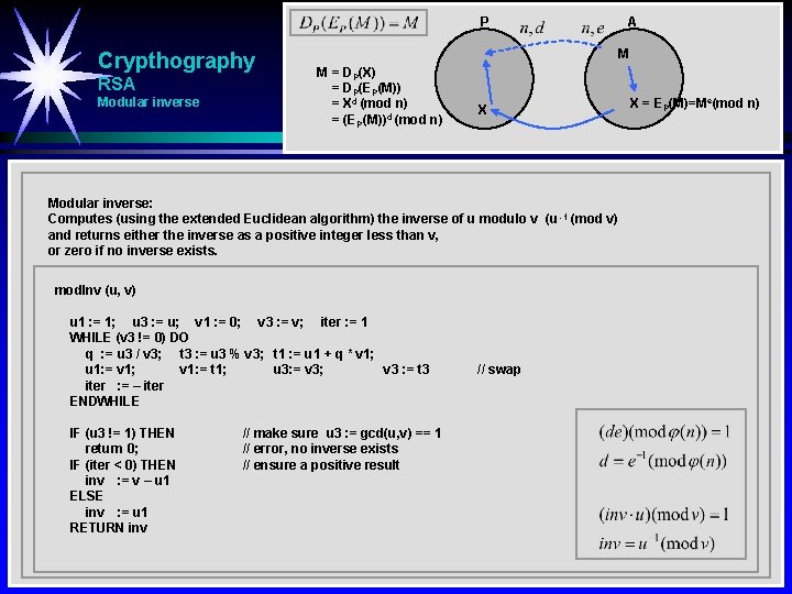 P Crypthography RSA Modular inverse A M M = DP(X) = DP(EP(M)) = Xd