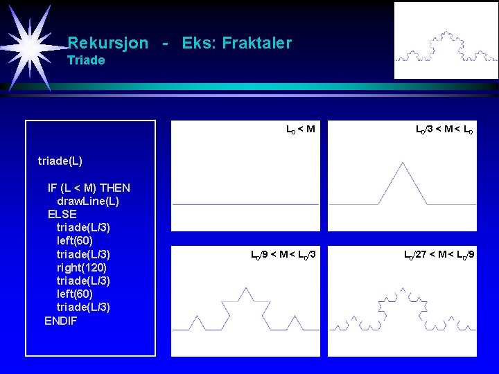 Rekursjon - Eks: Fraktaler Triade L 0 < M L 0/3 < M <