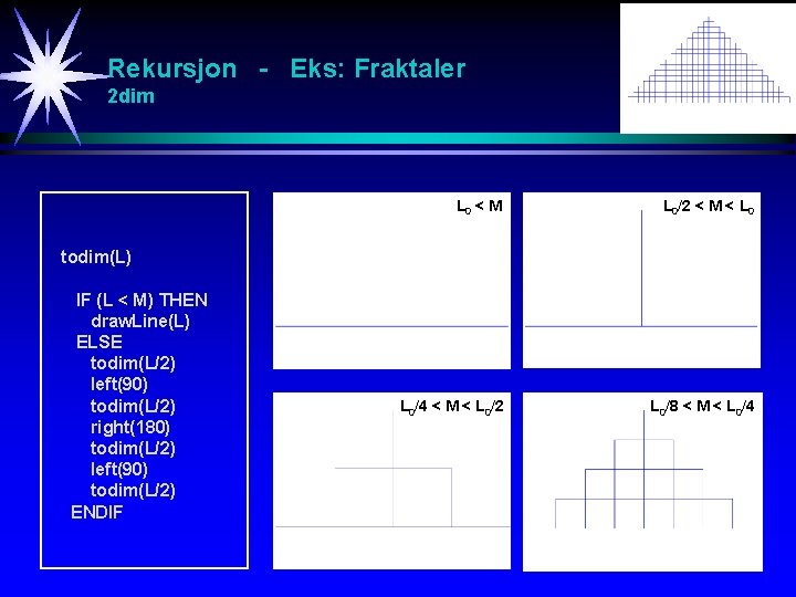 Rekursjon - Eks: Fraktaler 2 dim L 0 < M L 0/2 < M