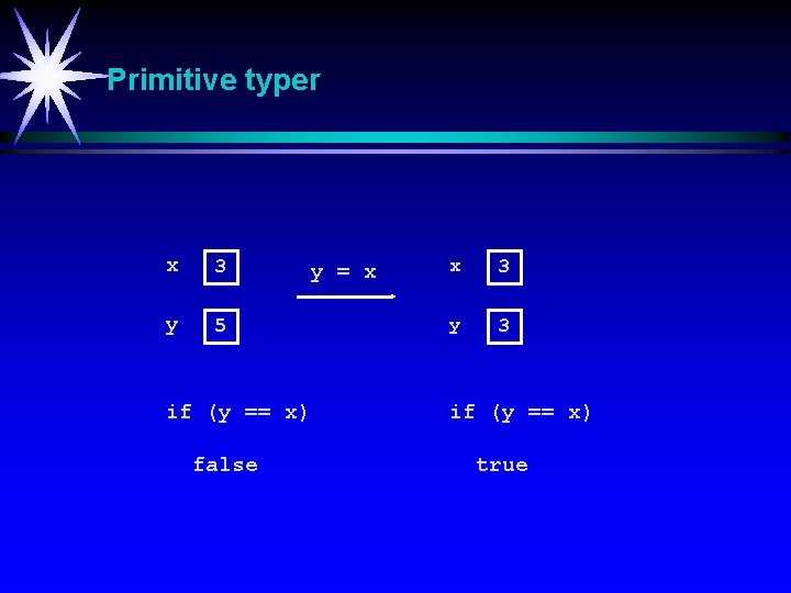 Primitive typer x 3 y 5 y = x if (y == x) false