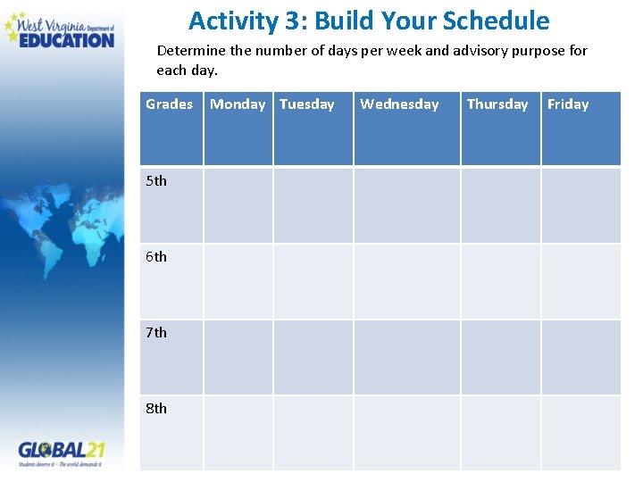 Activity 3: Build Your Schedule Determine the number of days per week and advisory