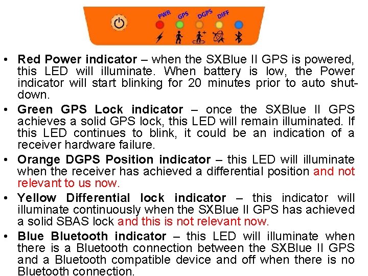  • Red Power indicator – when the SXBlue II GPS is powered, this