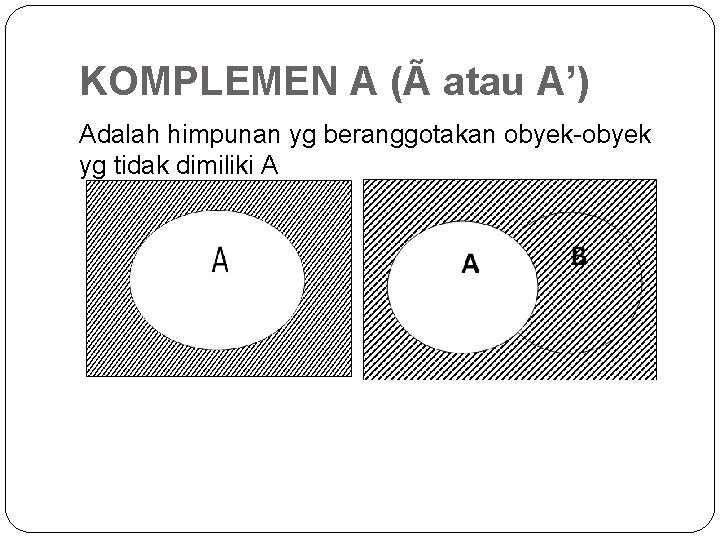 KOMPLEMEN A (Ã atau A’) Adalah himpunan yg beranggotakan obyek-obyek yg tidak dimiliki A