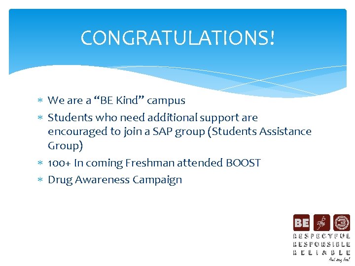CONGRATULATIONS! We are a “BE Kind” campus Students who need additional support are encouraged
