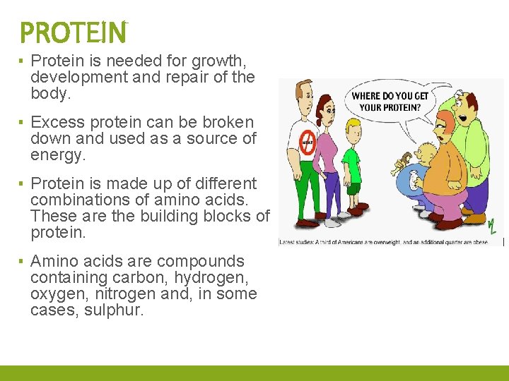 PROTEIN ▪ Protein is needed for growth, development and repair of the body. ▪