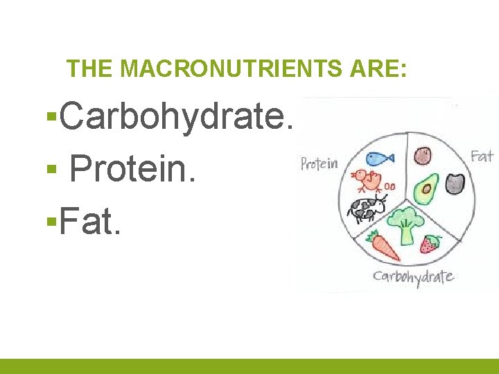 THE MACRONUTRIENTS ARE: ▪Carbohydrate. ▪ Protein. ▪Fat. 
