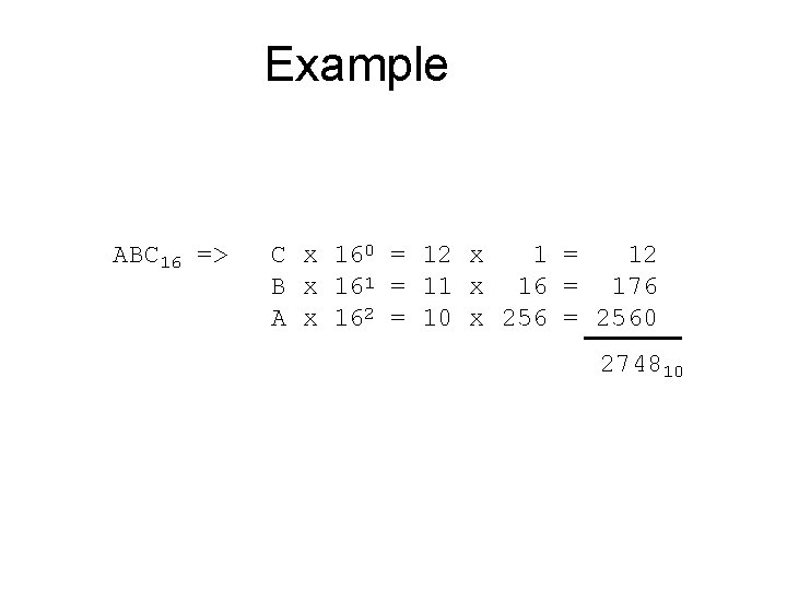 Example ABC 16 => C x 160 = 12 x 1 = 12 B