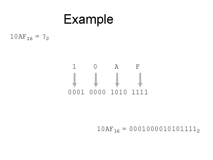 Example 10 AF 16 = ? 2 1 0 A F 0001 0000 1010