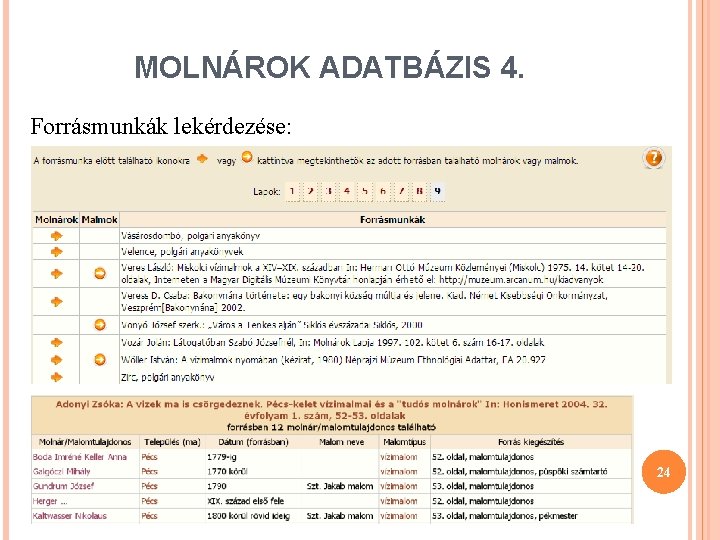 MOLNÁROK ADATBÁZIS 4. Forrásmunkák lekérdezése: 24 