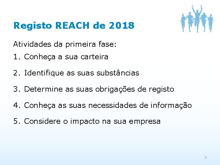 Registo REACH de 2018 Atividades da primeira fase: 1. Conheça a sua carteira 2.