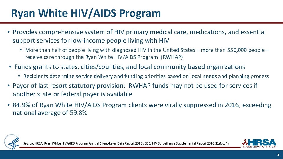Ryan White HIV/AIDS Program • Provides comprehensive system of HIV primary medical care, medications,