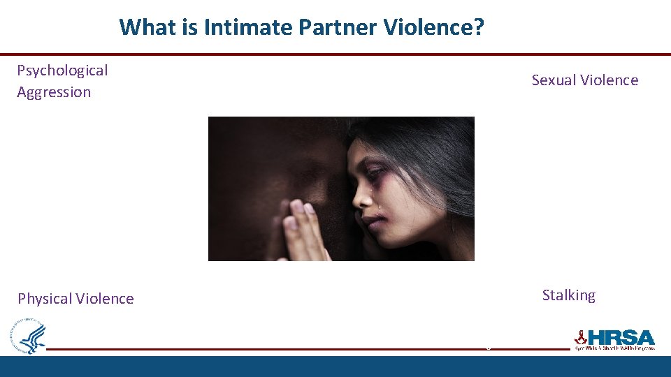 What is Intimate Partner Violence? Psychological Aggression Sexual Violence Stalking Physical Violence 8 