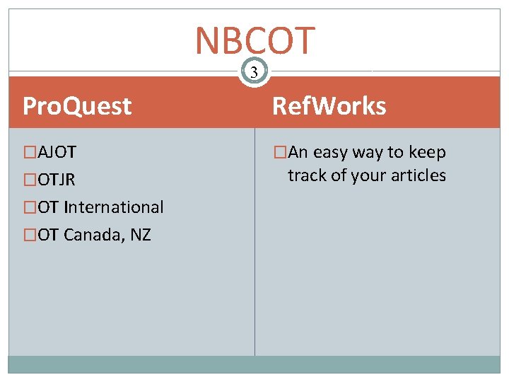 NBCOT 3 Pro. Quest Ref. Works �AJOT �An easy way to keep �OTJR �OT