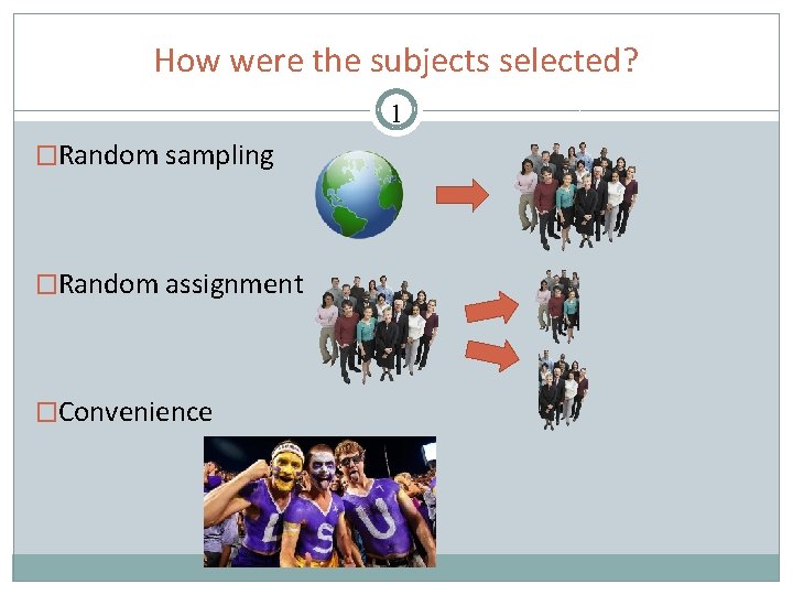 How were the subjects selected? 1 �Random sampling �Random assignment �Convenience 