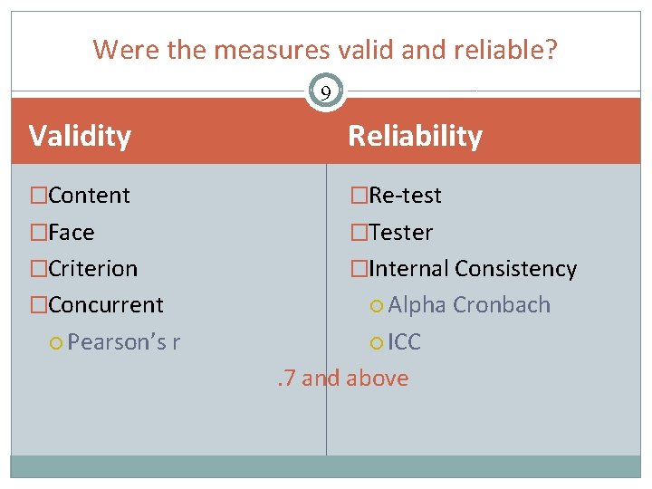 Were the measures valid and reliable? 9 Validity Reliability �Content �Re-test �Face �Tester �Criterion