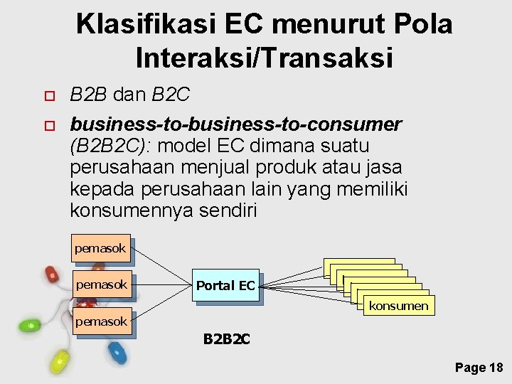 Klasifikasi EC menurut Pola Interaksi/Transaksi B 2 B dan B 2 C business-to-consumer (B