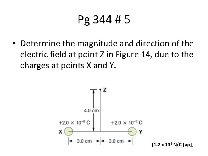 Pg 344 # 5 • Determine the magnitude and direction of the electric field