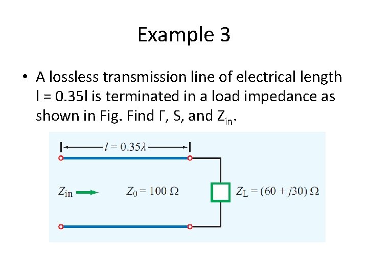 Example 3 • A lossless transmission line of electrical length l = 0. 35