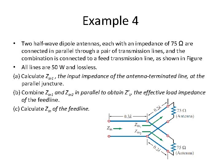 Example 4 • Two half-wave dipole antennas, each with an impedance of 75 Ω