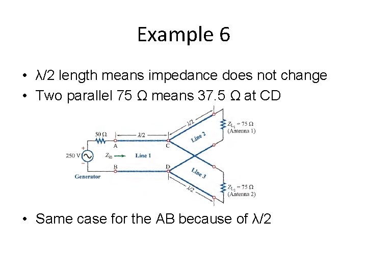 Example 6 • λ/2 length means impedance does not change • Two parallel 75