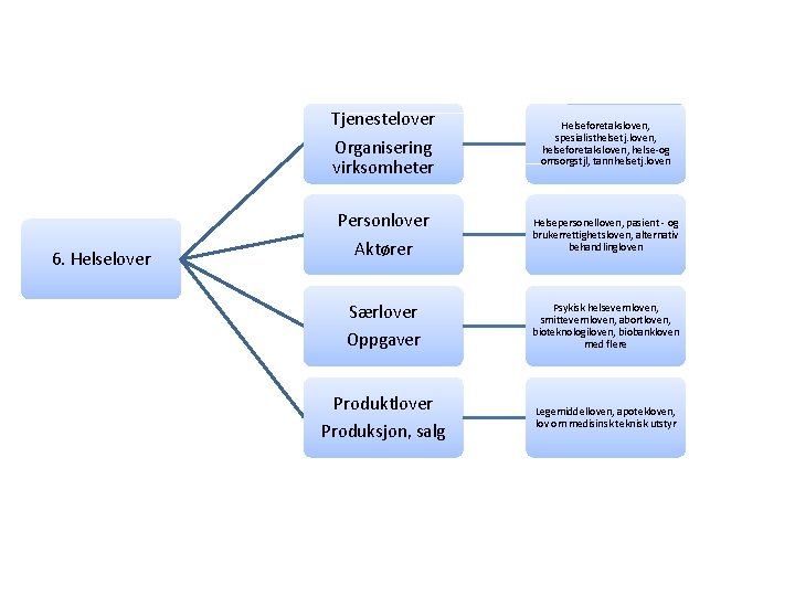 6. Helselover Tjenestelover Organisering virksomheter Helseforetaksloven, spesialisthelsetj. loven, helseforetaksloven, helse-og omsorgstjl, tannhelsetj. loven Personlover