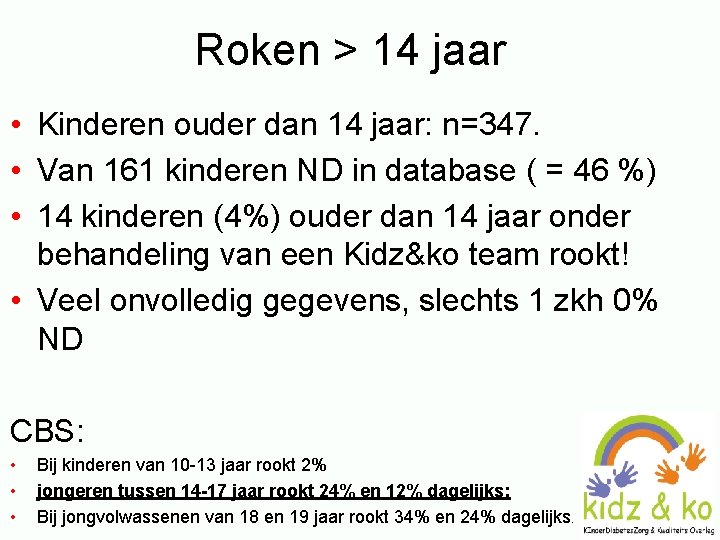 Roken > 14 jaar • Kinderen ouder dan 14 jaar: n=347. • Van 161