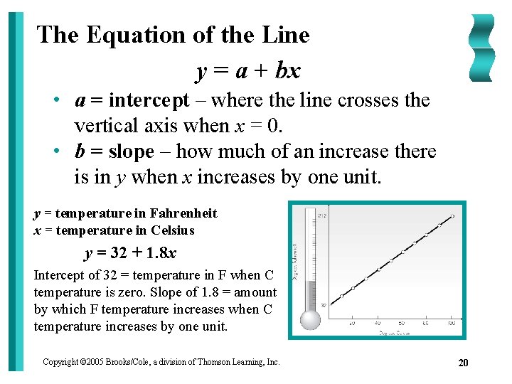 The Equation of the Line y = a + bx • a = intercept