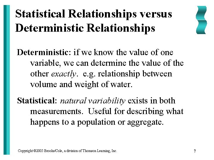 Statistical Relationships versus Deterministic Relationships Deterministic: if we know the value of one variable,