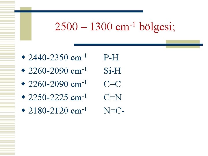 2500 – 1300 cm-1 bölgesi; w 2440 -2350 cm-1 w 2260 -2090 cm-1 w