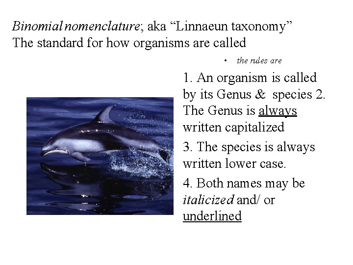 Binomial nomenclature; aka “Linnaeun taxonomy” The standard for how organisms are called • the