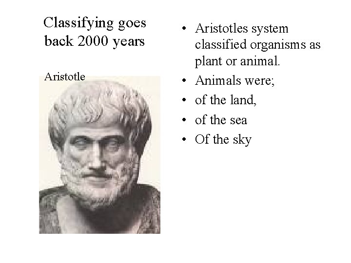 Classifying goes back 2000 years Aristotle • Aristotles system classified organisms as plant or