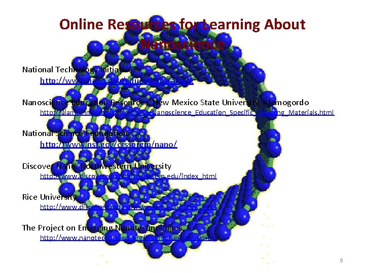 Online Resources for Learning About Nanoscience National Technology Initiative http: //www. nano. gov/education-training Nanoscience