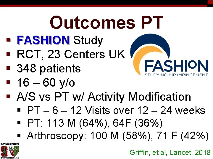 Outcomes PT § § § FASHION Study RCT, 23 Centers UK 348 patients 16