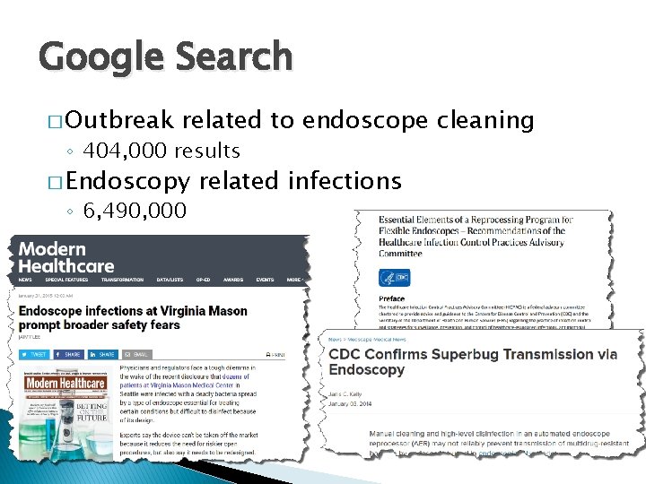 Google Search � Outbreak related to endoscope cleaning ◦ 404, 000 results � Endoscopy